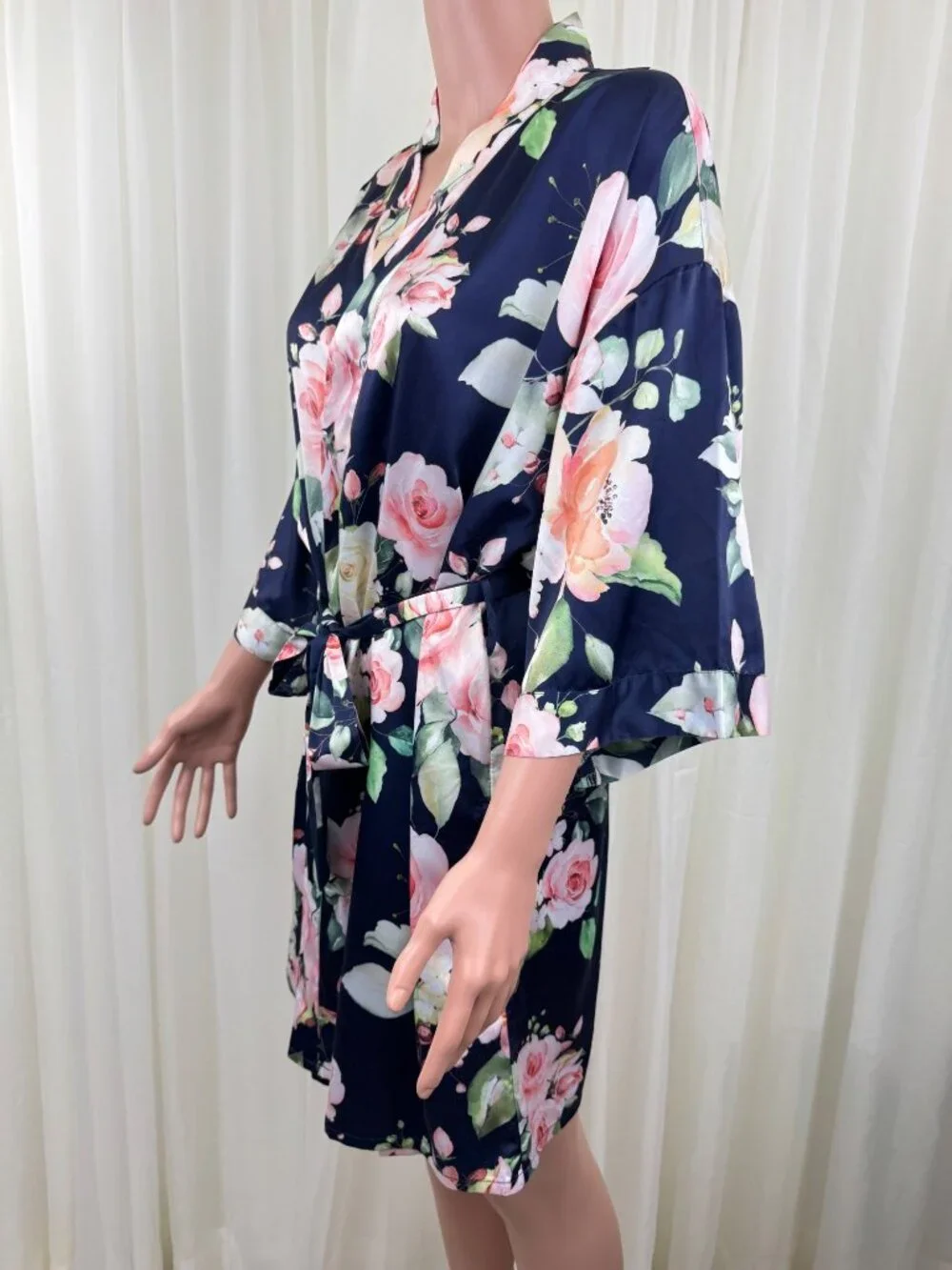 Turquaz Carmen Floral Satin Kimono Robe Navy Blue Rose Wrap Tie Waist Sz LG